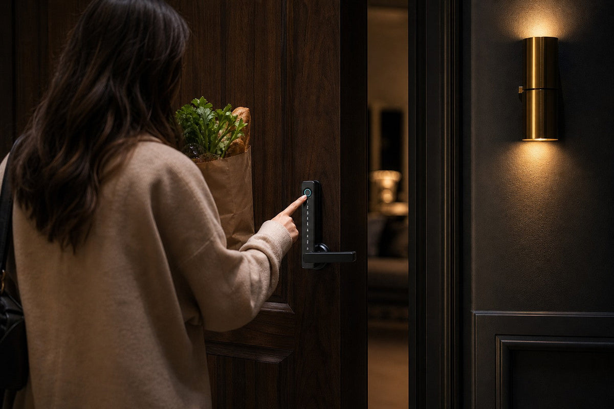 Huésped llegando a un apartamento con cerradura inteligente
